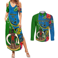 Vanuatu Malampa Day Couples Matching Summer Maxi Dress and Long Sleeve Button Shirts Coat Of Arms Mix Tropical Flowers LT14 Green - Polynesian Pride