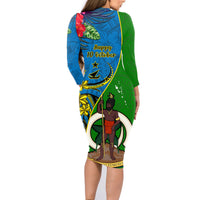 Vanuatu Malampa Day Family Matching Long Sleeve Bodycon Dress and Hawaiian Shirt Coat Of Arms Mix Tropical Flowers LT14 - Polynesian Pride