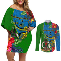 Personalised Vanuatu Malampa Day Couples Matching Off Shoulder Short Dress and Long Sleeve Button Shirts Coat Of Arms Mix Tropical Flowers LT14 Green - Polynesian Pride