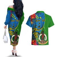 personalised-vanuatu-malampa-day-couples-matching-off-the-shoulder-long-sleeve-dress-and-hawaiian-shirt-coat-of-arms-mix-tropical-flowers