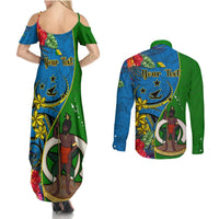 Personalised Vanuatu Malampa Day Couples Matching Summer Maxi Dress and Long Sleeve Button Shirts Coat Of Arms Mix Tropical Flowers LT14 - Polynesian Pride