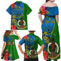 Personalised Vanuatu Malampa Day Family Matching Off Shoulder Maxi Dress and Hawaiian Shirt Coat Of Arms Mix Tropical Flowers LT14 - Polynesian Pride