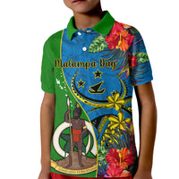 Personalised Vanuatu Malampa Day Kid Polo Shirt Coat Of Arms Mix Tropical Flowers LT14 Kid Green - Polynesian Pride