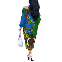 Personalised Vanuatu Malampa Day Off The Shoulder Long Sleeve Dress Coat Of Arms Mix Tropical Flowers LT14 - Polynesian Pride