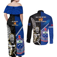 New Zealand And Samoa Rugby Couples Matching Off Shoulder Maxi Dress and Long Sleeve Button Shirts All Black Tiki Fern Mix Manu Samoa 2023 World Cup LT14 - Polynesian Pride