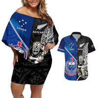 New Zealand And Samoa Rugby Couples Matching Off Shoulder Short Dress and Hawaiian Shirt All Black Tiki Fern Mix Manu Samoa 2023 World Cup LT14 Black - Polynesian Pride