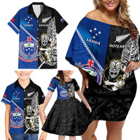 New Zealand And Samoa Rugby Family Matching Off Shoulder Short Dress and Hawaiian Shirt All Black Tiki Fern Mix Manu Samoa 2023 World Cup LT14 - Polynesian Pride