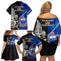 New Zealand And Samoa Rugby Family Matching Off Shoulder Short Dress and Hawaiian Shirt All Black Tiki Fern Mix Manu Samoa 2023 World Cup LT14 - Polynesian Pride