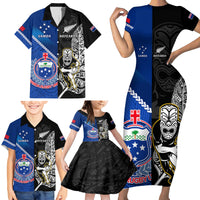 New Zealand And Samoa Rugby Family Matching Short Sleeve Bodycon Dress and Hawaiian Shirt All Black Tiki Fern Mix Manu Samoa 2023 World Cup LT14 - Polynesian Pride