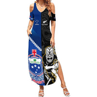 New Zealand And Samoa Rugby Summer Maxi Dress All Black Tiki Fern Mix Manu Samoa 2023 World Cup LT14 Women Black - Polynesian Pride