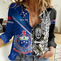 New Zealand And Samoa Rugby Women Casual Shirt All Black Tiki Fern Mix Manu Samoa 2023 World Cup LT14 Female Black - Polynesian Pride