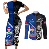 Custom New Zealand And Samoa Rugby Couples Matching Short Sleeve Bodycon Dress and Long Sleeve Button Shirts All Black Tiki Fern Mix Manu Samoa 2023 World Cup LT14 Black - Polynesian Pride