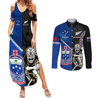 Custom New Zealand And Samoa Rugby Couples Matching Summer Maxi Dress and Long Sleeve Button Shirts All Black Tiki Fern Mix Manu Samoa 2023 World Cup LT14 Black - Polynesian Pride