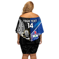 Custom New Zealand And Samoa Rugby Off Shoulder Short Dress All Black Tiki Fern Mix Manu Samoa 2023 World Cup LT14 - Polynesian Pride