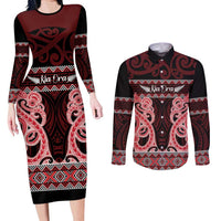Kia Ora New Zealand Couples Matching Long Sleeve Bodycon Dress and Long Sleeve Button Shirt Maori Language Week Whero Taniko Motif LT14 Red - Polynesian Pride