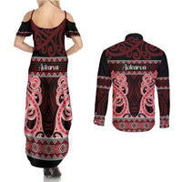 Kia Ora New Zealand Couples Matching Summer Maxi Dress and Long Sleeve Button Shirt Maori Language Week Whero Taniko Motif LT14 - Polynesian Pride