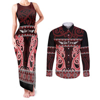 Kia Ora New Zealand Couples Matching Tank Maxi Dress and Long Sleeve Button Shirt Maori Language Week Whero Taniko Motif LT14 Red - Polynesian Pride
