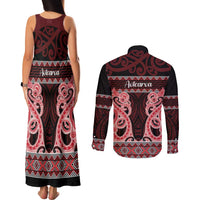 Kia Ora New Zealand Couples Matching Tank Maxi Dress and Long Sleeve Button Shirt Maori Language Week Whero Taniko Motif LT14 - Polynesian Pride