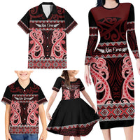 Kia Ora New Zealand Family Matching Long Sleeve Bodycon Dress and Hawaiian Shirt Maori Language Week Whero Taniko Motif LT14 - Polynesian Pride