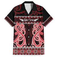 Kia Ora New Zealand Family Matching Off The Shoulder Long Sleeve Dress and Hawaiian Shirt Maori Language Week Whero Taniko Motif LT14 Dad's Shirt - Short Sleeve Red - Polynesian Pride