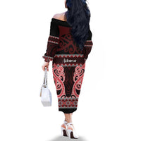 Kia Ora New Zealand Family Matching Off The Shoulder Long Sleeve Dress and Hawaiian Shirt Maori Language Week Whero Taniko Motif LT14 - Polynesian Pride