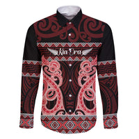 Kia Ora New Zealand Family Matching Off Shoulder Maxi Dress and Hawaiian Shirt Maori Language Week Whero Taniko Motif LT14 Dad's Shirt - Long Sleeve Red - Polynesian Pride