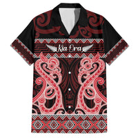 Kia Ora New Zealand Family Matching Off Shoulder Short Dress and Hawaiian Shirt Maori Language Week Whero Taniko Motif LT14 Dad's Shirt - Short Sleeve Red - Polynesian Pride
