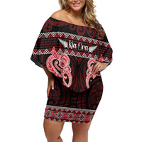 Kia Ora New Zealand Family Matching Off Shoulder Short Dress and Hawaiian Shirt Maori Language Week Whero Taniko Motif LT14 Mom's Dress Red - Polynesian Pride
