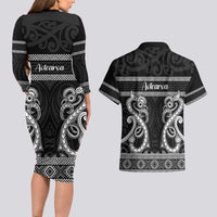 Kia Ora New Zealand Couples Matching Long Sleeve Bodycon Dress and Hawaiian Shirt Maori Language Week Pango Taniko Motif LT14 - Polynesian Pride