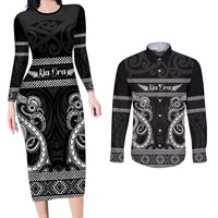 Kia Ora New Zealand Couples Matching Long Sleeve Bodycon Dress and Long Sleeve Button Shirt Maori Language Week Pango Taniko Motif LT14 Black - Polynesian Pride