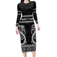 Kia Ora New Zealand Family Matching Long Sleeve Bodycon Dress and Hawaiian Shirt Maori Language Week Pango Taniko Motif LT14 Mom's Dress Black - Polynesian Pride