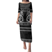 Kia Ora New Zealand Family Matching Puletasi and Hawaiian Shirt Maori Language Week Pango Taniko Motif LT14 Mom's Dress Black - Polynesian Pride