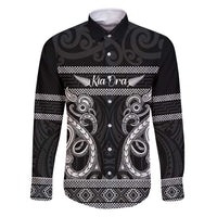 Kia Ora New Zealand Family Matching Summer Maxi Dress and Hawaiian Shirt Maori Language Week Pango Taniko Motif LT14 Dad's Shirt - Long Sleeve Black - Polynesian Pride
