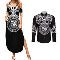 Kia Kaha Te Reo Maori New Zealand Couples Matching Summer Maxi Dress and Long Sleeve Button Shirt 50th Anniversary Ake Ake Ake LT14 Black - Polynesian Pride