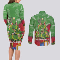 Kakapo New Zealand Christmas Couples Matching Long Sleeve Bodycon Dress and Long Sleeve Button Shirt Meri Kirihimete Pohutukawa - Green Color LT14 - Polynesian Pride