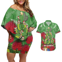 Kakapo New Zealand Christmas Couples Matching Off Shoulder Short Dress and Hawaiian Shirt Meri Kirihimete Pohutukawa - Green Color LT14 Green - Polynesian Pride