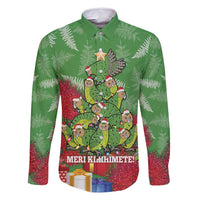 Kakapo New Zealand Christmas Family Matching Off Shoulder Short Dress and Hawaiian Shirt Meri Kirihimete Pohutukawa - Green Color LT14 Dad's Shirt - Long Sleeve Green - Polynesian Pride