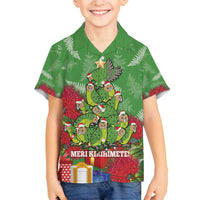 Kakapo New Zealand Christmas Family Matching Off Shoulder Short Dress and Hawaiian Shirt Meri Kirihimete Pohutukawa - Green Color LT14 Son's Shirt Green - Polynesian Pride