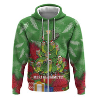 Kakapo New Zealand Christmas Hoodie Meri Kirihimete Pohutukawa - Green Color LT14 Zip Hoodie Green - Polynesian Pride