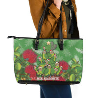 Kakapo New Zealand Christmas Leather Tote Bag Meri Kirihimete Pohutukawa - Green Color LT14 - Polynesian Pride