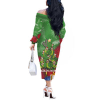 Kakapo New Zealand Christmas Off The Shoulder Long Sleeve Dress Meri Kirihimete Pohutukawa - Green Color LT14 - Polynesian Pride