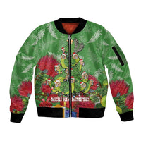 Kakapo New Zealand Christmas Sleeve Zip Bomber Jacket Meri Kirihimete Pohutukawa - Green Color LT14 Unisex Green - Polynesian Pride