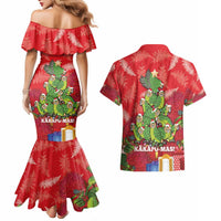Kakapo New Zealand Christmas Couples Matching Mermaid Dress and Hawaiian Shirt Meri Kirihimete Pohutukawa - Red Color LT14 - Polynesian Pride