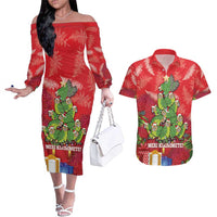 Kakapo New Zealand Christmas Couples Matching Off The Shoulder Long Sleeve Dress and Hawaiian Shirt Meri Kirihimete Pohutukawa - Red Color LT14 Red - Polynesian Pride