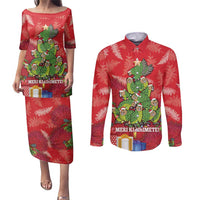 Kakapo New Zealand Christmas Couples Matching Puletasi and Long Sleeve Button Shirt Meri Kirihimete Pohutukawa - Red Color LT14 Red - Polynesian Pride