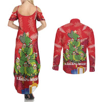 Kakapo New Zealand Christmas Couples Matching Summer Maxi Dress and Long Sleeve Button Shirt Meri Kirihimete Pohutukawa - Red Color LT14 - Polynesian Pride