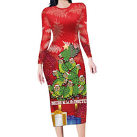 Kakapo New Zealand Christmas Family Matching Long Sleeve Bodycon Dress and Hawaiian Shirt Meri Kirihimete Pohutukawa - Red Color LT14 Mom's Dress Red - Polynesian Pride