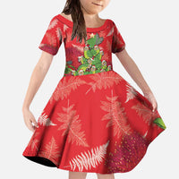 Kakapo New Zealand Christmas Family Matching Off The Shoulder Long Sleeve Dress and Hawaiian Shirt Meri Kirihimete Pohutukawa - Red Color LT14 Daughter's Dress Red - Polynesian Pride