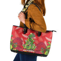 Kakapo New Zealand Christmas Leather Tote Bag Meri Kirihimete Pohutukawa - Red Color LT14 Red - Polynesian Pride