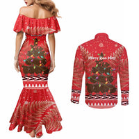 Kiwi New Zealand Christmas Couples Matching Mermaid Dress and Long Sleeve Button Shirt Meri Kirihimete Silver Fern - Red Color LT14 - Polynesian Pride
